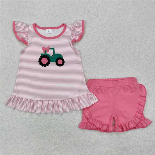 USA Warehouse (IN STOCK) GSSO1757 Baby Girls Summer Pink Truck Bow Tunic Shorts Clothes Sets