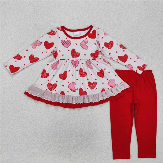 12.13 RTS NO MOQ （In stock）GLP2255 Baby Girls Valentines Hearts Lace Tunic Legging Clothes Sets