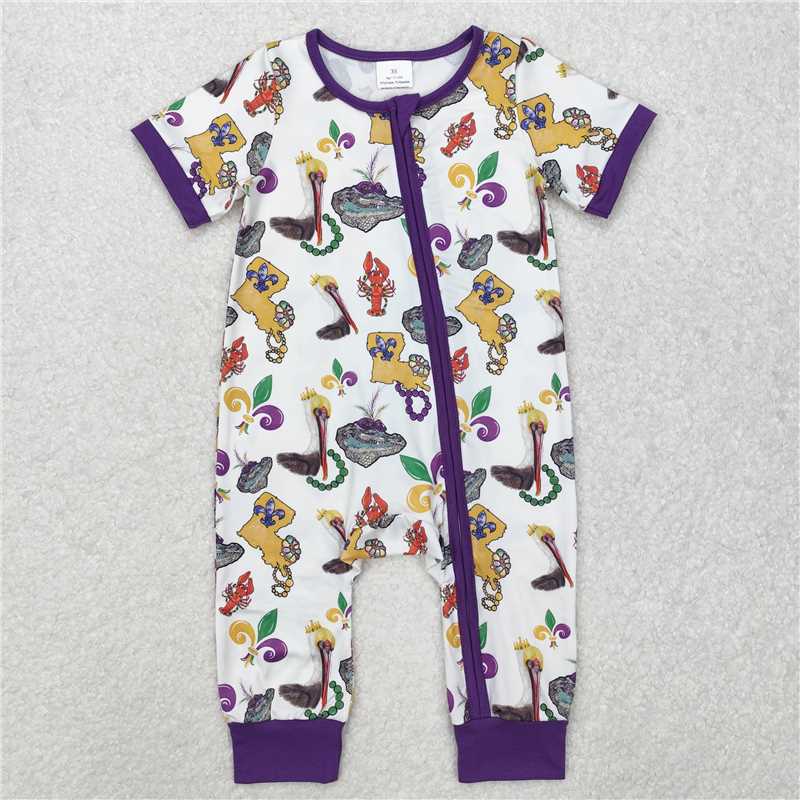 12.19 RTS NO MOQ （In stock）SR2394 Baby Infant Boys Mardi Gras Bird Zip Rompers