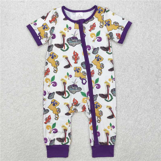 12.19 RTS NO MOQ （In stock）SR2394 Baby Infant Boys Mardi Gras Bird Zip Rompers
