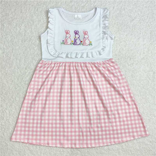 12.24 RTS NO MOQ （In stock）GSD1696 Embroidery Baby Girls Easter Rabbits Pink Checkered Knee Length Dresses