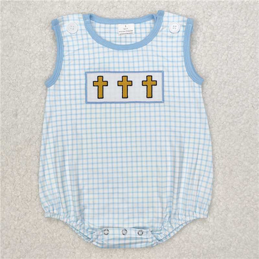 12.26 RTS NO MOQ （In stock）SR2505 Embroidery Baby Infant Boys Blue Checkered Easter Cross Rompers