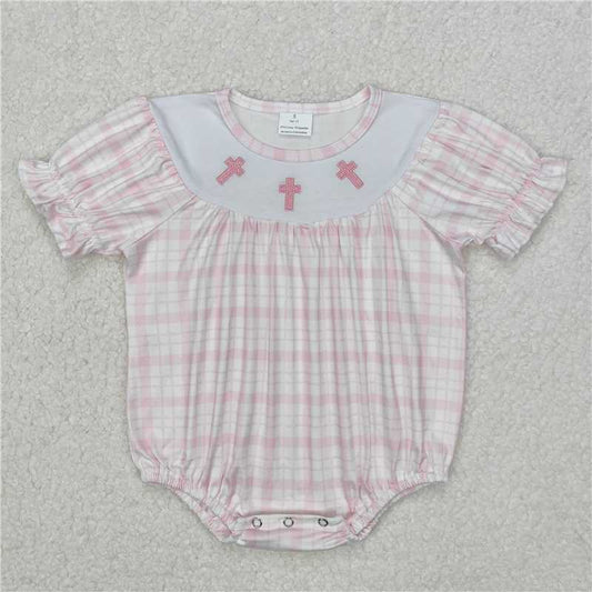 12.24 RTS NO MOQ （In stock） SR2504 Baby Infant Girls Pink Checkered Easter Cross Rompers
