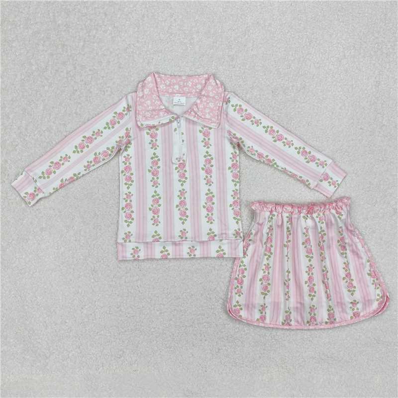 11.24 RTS NO MOQ （In stock）Matching GLD1002 Baby Girls Pink Flowers Zip Top Skirt Skort Bottoms Sets