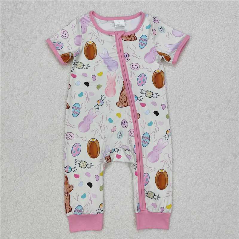 12.24 RTS NO MOQ （In stock）SR2712 Baby Infant Girls Pink Easter Rabbits Zip Rompers