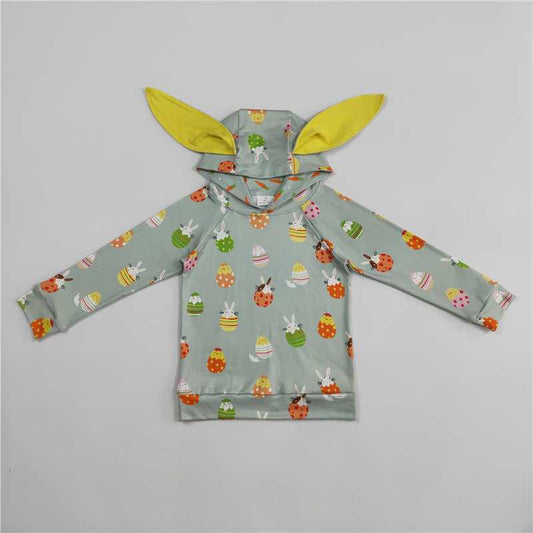 12.26 RTS NO MOQ （In stock）BT1136 Baby Boys Easter Green Rabbits Eggs Long Sleeve Hooded Ears Tops