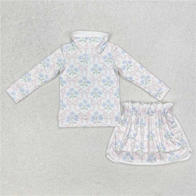 11.24 RTS NO MOQ （In stock）Matching GLD1012 Baby Girls Bows Flowers Zip Top Skort Skirt Clothes Sets