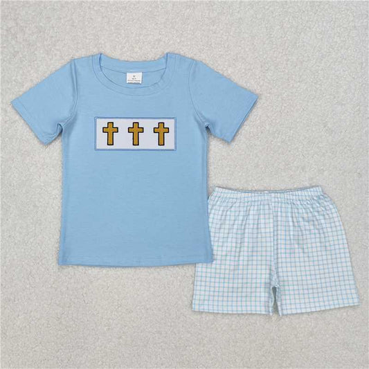 12.25 RTS NO MOQ （In stock）BSSO1234 Embroidery Baby Boys Blue Easter Cross Shirts Checkered Shorts Clothes Sets