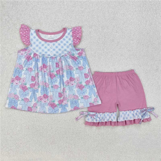 11.27 RTS NO MOQ （In stock）Matching GSSO1642 Baby Girls Checkered Flowers Bows Tunic Ruffle Shorts Clothes Sets
