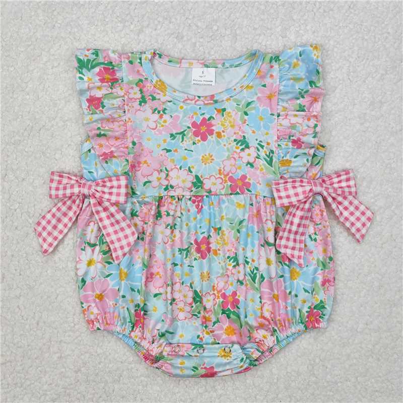 11.28 RTS NO MOQ （In stock）Matching SR2719 Baby Infant Girls Blue Pink Flowers Bows Rompers