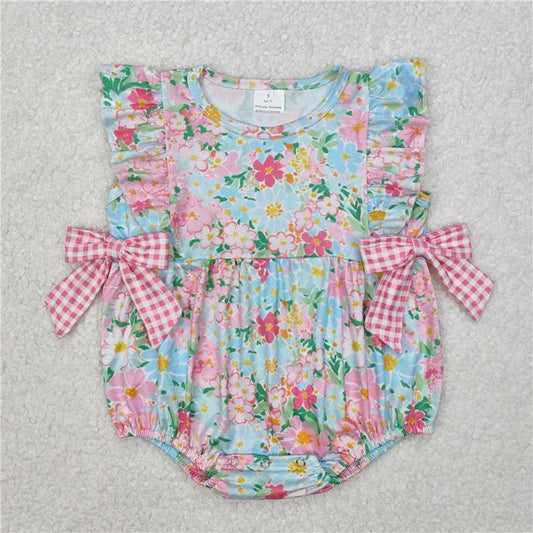 11.28 RTS NO MOQ （In stock）Matching SR2719 Baby Infant Girls Blue Pink Flowers Bows Rompers