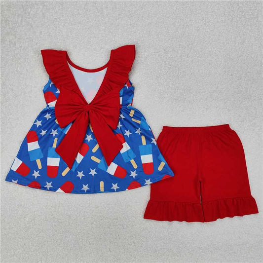 1.6 RTS NO MOQ （In stock）GSSO1765 4th of July Baby Girls 4th Of July Popsicle Stars Tunic Ruffle Shorts Clothes Sets