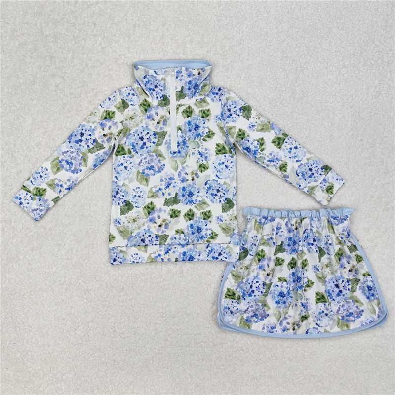 10.17 RTS NO MOQ （In stock）Matching GLD1016 Baby Girls Blue Flowers Athletic Active Wear Top Shorts Skirts Clothes Sets