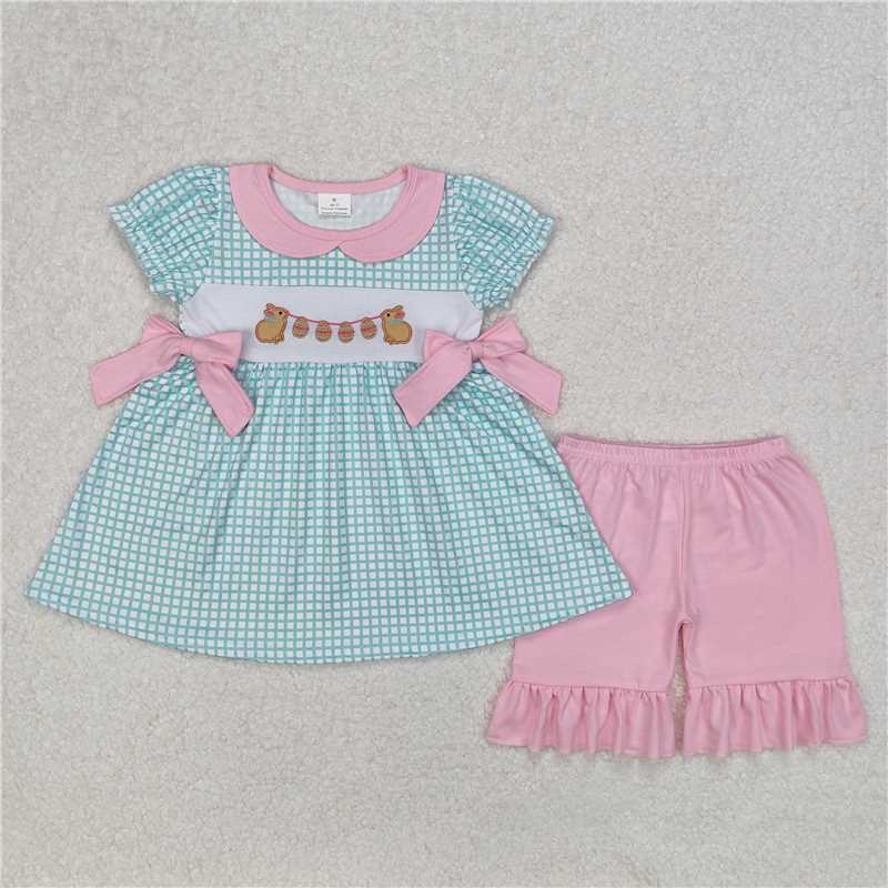 12.25 RTS NO MOQ （In stock）GSSO1882 Embroidery Baby Girls Easter Rabbits Bows Tunic Top Ruffle Shorts Clothes Sets