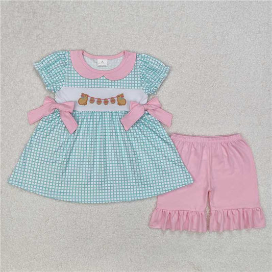12.25 RTS NO MOQ （In stock）GSSO1882 Embroidery Baby Girls Easter Rabbits Bows Tunic Top Ruffle Shorts Clothes Sets