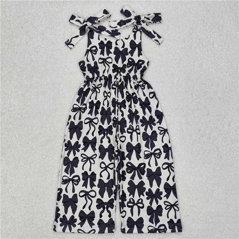 10.29 RTS NO MOQ （In stock）Matching SR2524 Baby Girls Black Cute Bows Straps Pants Jumpsuits