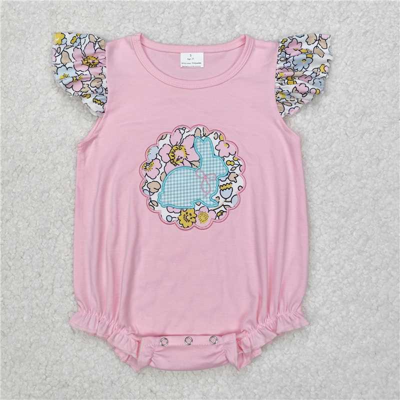 12.24 RTS NO MOQ （In stock）SR2054 Embroidery Baby Infant Girls Easter Bunny Pink Floral Rompers