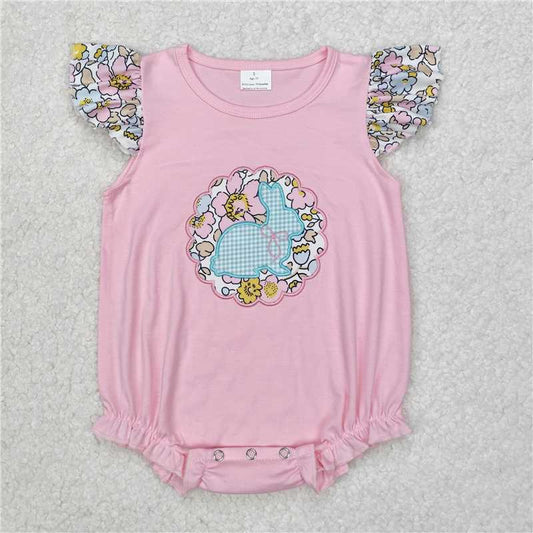 12.24 RTS NO MOQ （In stock）SR2054 Embroidery Baby Infant Girls Easter Bunny Pink Floral Rompers