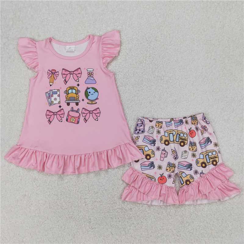 12.29 RTS NO MOQ （In stock）GSSO1910 Baby Girls Pencil Pink Bow Back To School Tunic Ruffle Shorts Clothes Sets