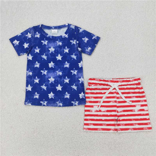 1.7 RTS NO MOQ （In stock）BSSO1405 4th of July Baby Boys Blue Short Sleeves Stars Shirt Red Stripe Shorts 4th Of July Sets