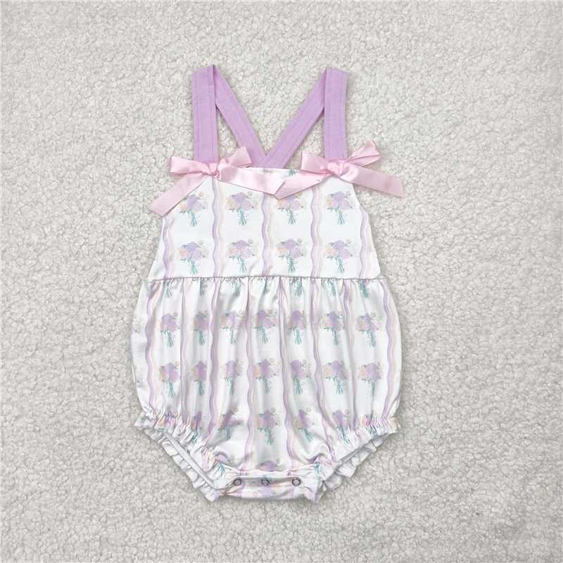 12.19 RTS NO MOQ （In stock）Matching SR2961 Baby Infant Girls Lavender Bows Strap Floral Stripe Ruffle Rompers