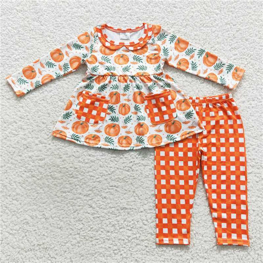 GLP0640Pumpkin tunic orange plaid leggings girls fall clothes