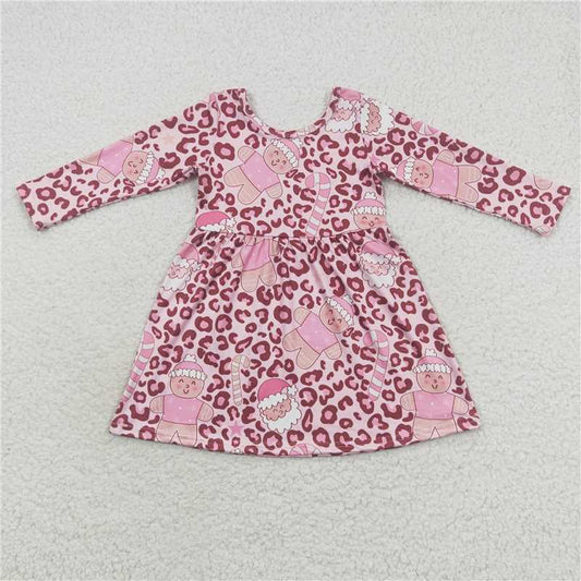 GLD0327 Baby Girls Chrirtmas Pink Leopard Santa Long Sleeve Dresses