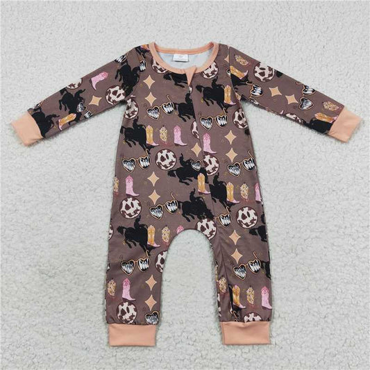 RTS LR0482 Smiley face boots glasses tan zipper long sleeve jumpsuit