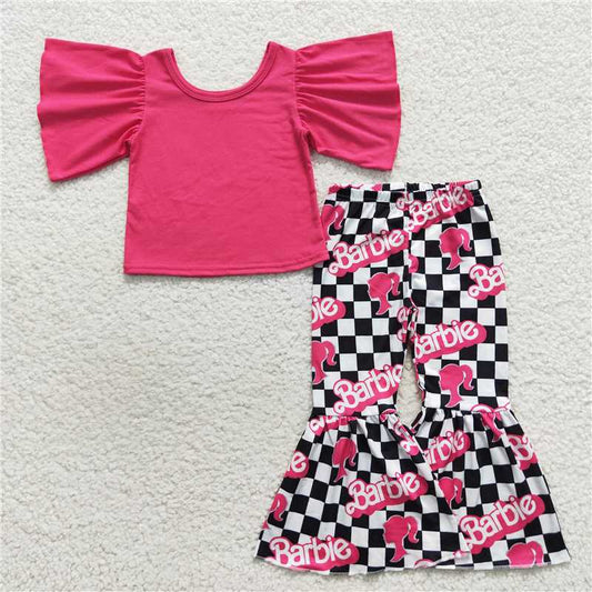 GSPO0809 Rose red top with lace sleeves and barbie black and white checkered trousers set