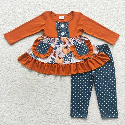 GLP0682Floral pumpkin pockets tunic leggings girls fall clothes