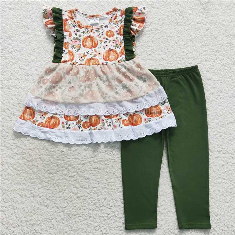 GSPO0810 Pumpkin flower lace short-sleeved green trousers suit