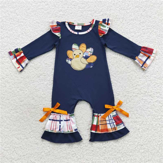 LR0366Navy turkey plaid ruffle baby girls Thanksgiving romper