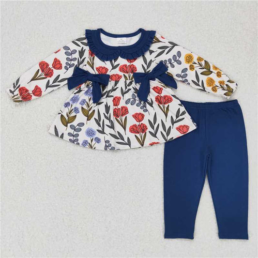 GLP0798Floral bow tunic leggings kids girls clothing set