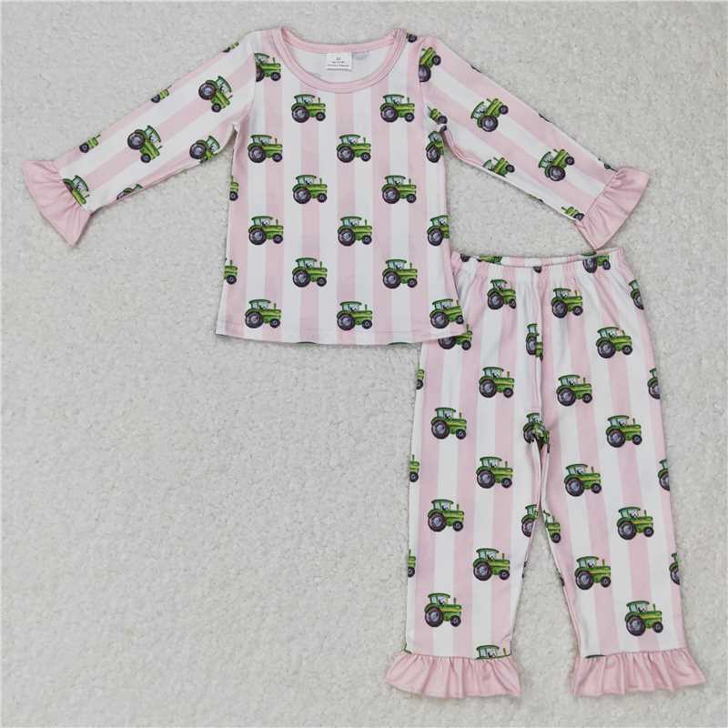 GLP0776Pink stripe tractor girls farm pajamas