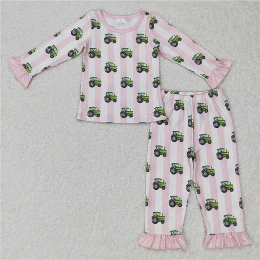GLP0776Pink stripe tractor girls farm pajamas