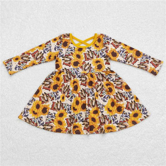 GLD0393  Baby Girls Western Horse Sunflower Knee Length Dresses
