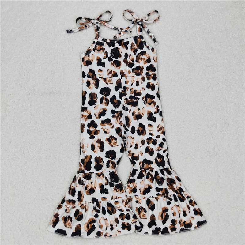 SR0456  Baby Girls Western Leopard Straps Bell Bottom Jumpsuits
