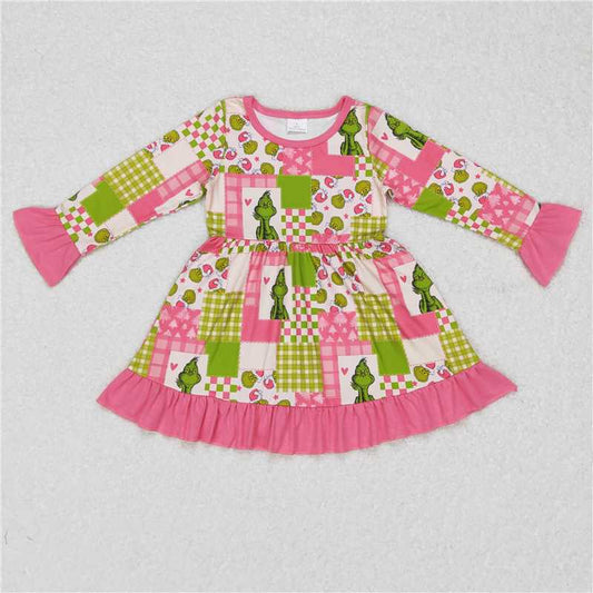 GLD0420  Baby Girls Christmas Green Pink Ruffle Knee Length Dresses