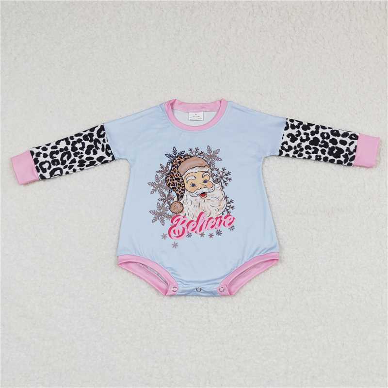 12.2 RTS NO MOQ （In stock）LR0462 Baby Infant Christmas Santa Believe Leopard Long Sleeve Rompers