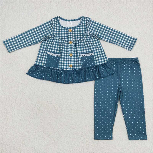 GLP0823Plaid pocket tunic polka dots leggings girls clothing set