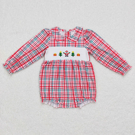 12.2 RTS NO MOQ （In stock）LR0571 Baby Girls Santa Red Plaid Smocked Long Sleeve Rompers