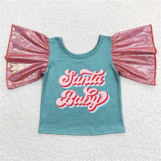 GT0286  Green santa baby flare sleeves girls Christmas shirt