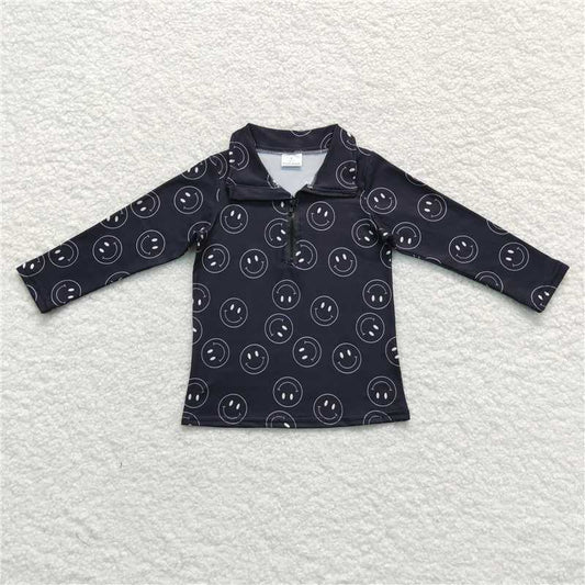 BT0398  Baby Boys Black Smile Long Sleeve Zip Pullovers Tops