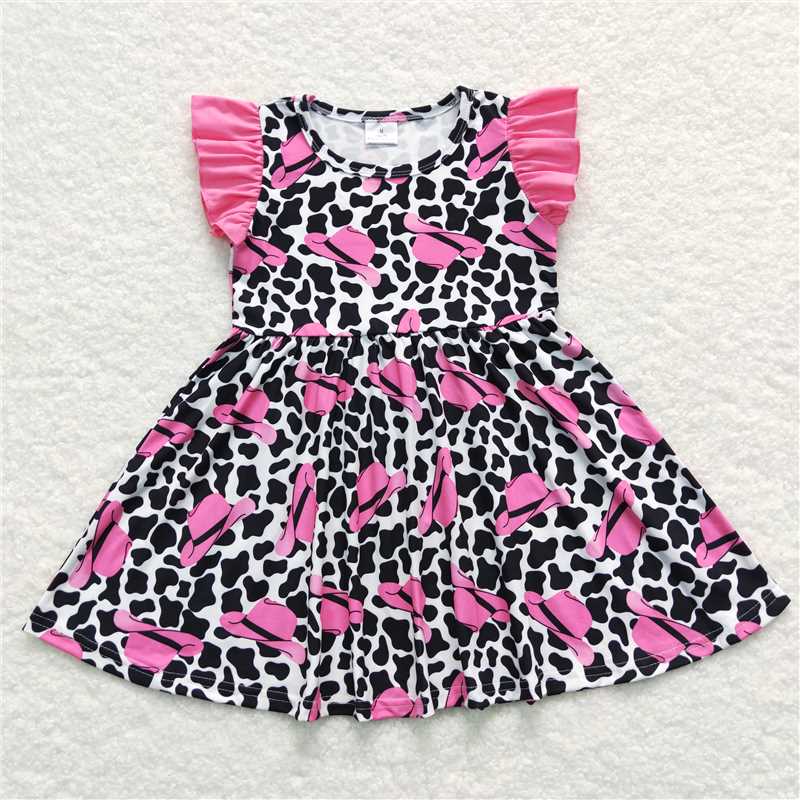 GSD0195  Girls Hat Cow Pattern Fly Sleeve Dress