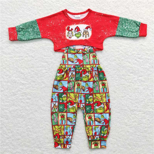 GLP0814 Cartoon grinch red and green long-sleeved plaid suspender jumpsuit