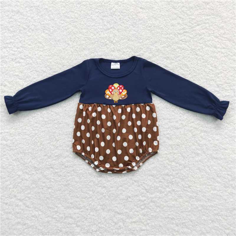 LR0605Navy polka dots turkey baby girls Thanksgving romper