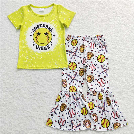 GSPO0936 Softball vibes letter smiley face yellow short-sleeved trousers suit