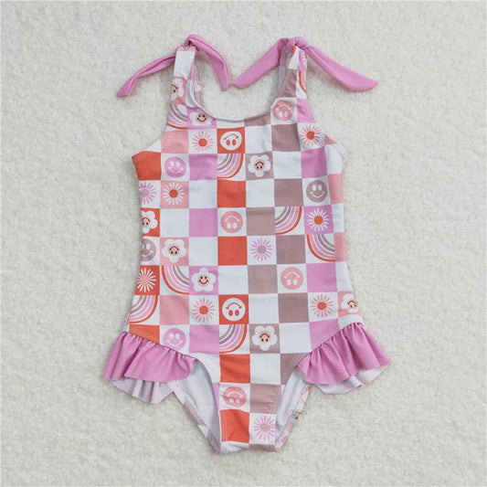 S0150  Baby Girls Smile Flowers Rainbow One Pieces Swimsuits
