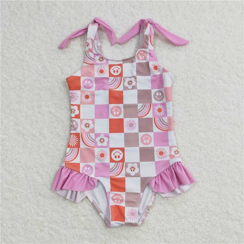 Girls Sleeveless Swimsuit Pink Popsicle Firework Design 4th of July Patriotic Swimwear for Kids
