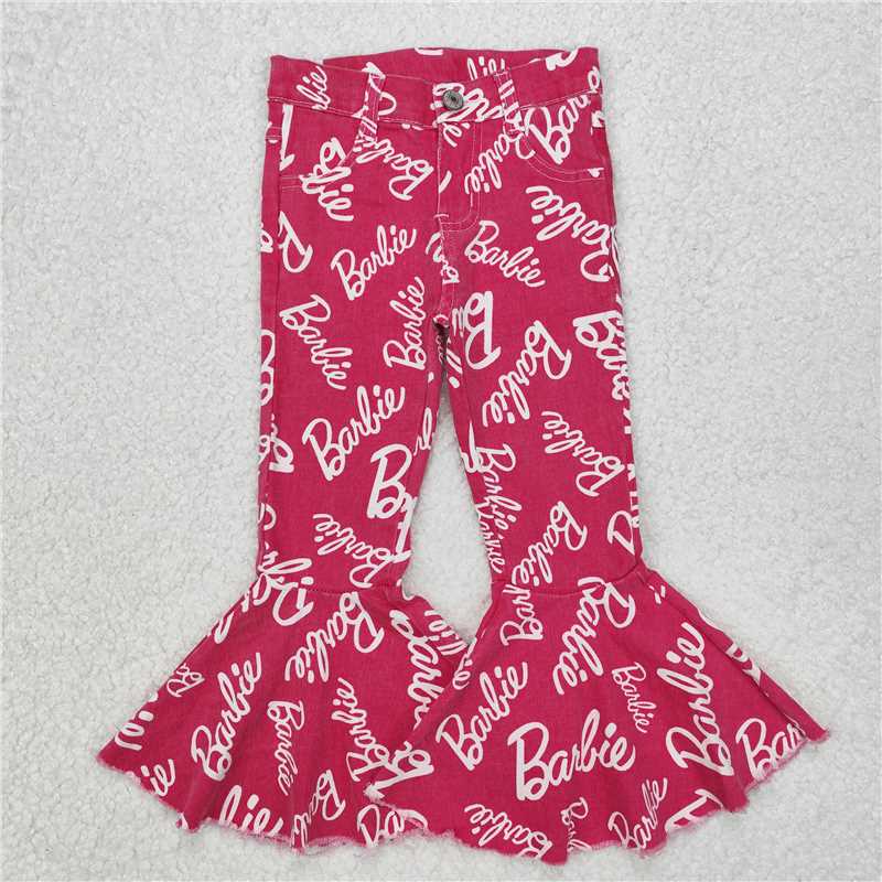 P0295  Sibling Baby Girls Pink Doll Bell Flare Denim Pants Jeans